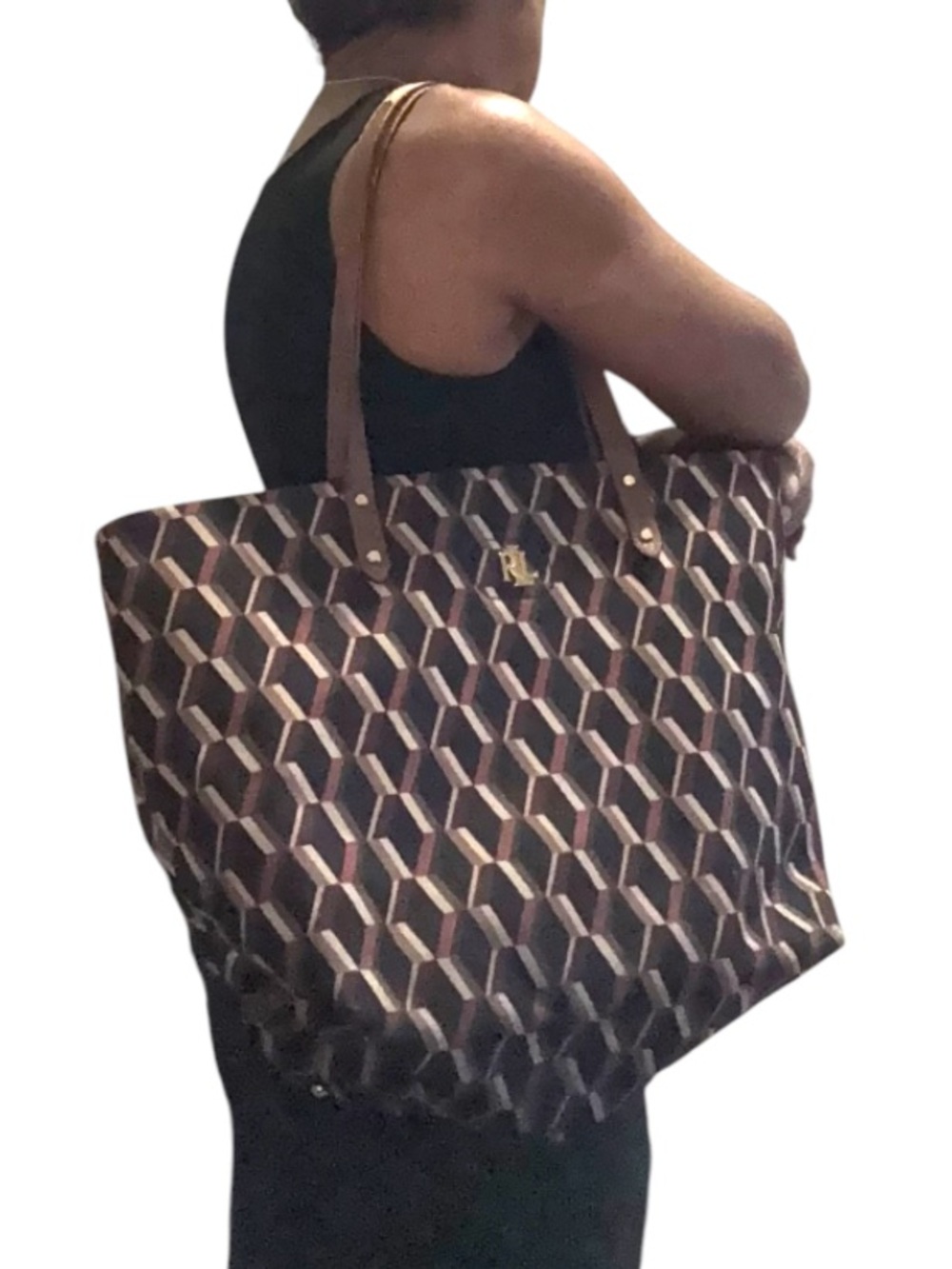 Lauren Ralph Lauren Geometric Pattern Tote Bag in Brown and Tan - Picture 5 of 11